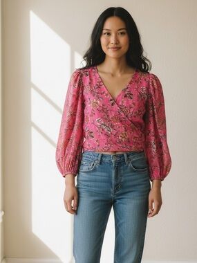 Joie Pink Floral Faux Wrap Crop Top XS Long Sleeve Smocked Waist Boho